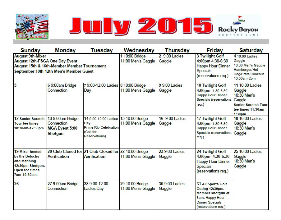 July Calendar Rocky Bayou Country Club